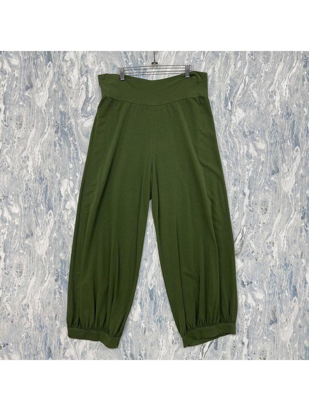 Indie Boho Minimalist Lagenlook Wide-Leg Olive Green Pants (L)